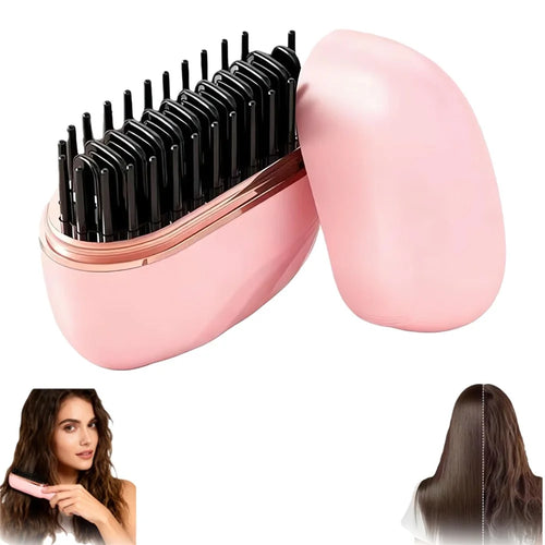 Wireless Mini Hair Straightener Comb with 3 Adjustable Temperature Levels Hair Styling Tool Rechargeable for Home Travel - Pink - 1