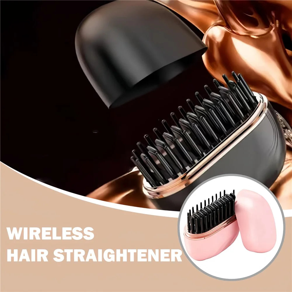Wireless Mini Hair Straightener Comb with 3 Adjustable Temperature Levels Hair Styling Tool Rechargeable for Home Travel - Pink - 5