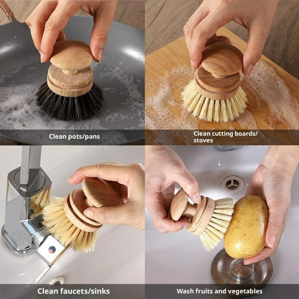 Natural Sisal Dish Brush Solid Wood Handle Kitchen Cleaning Brush Multi-Functional Non-Scratch Pot Scrubber - Large Size  /  Sisal - 3