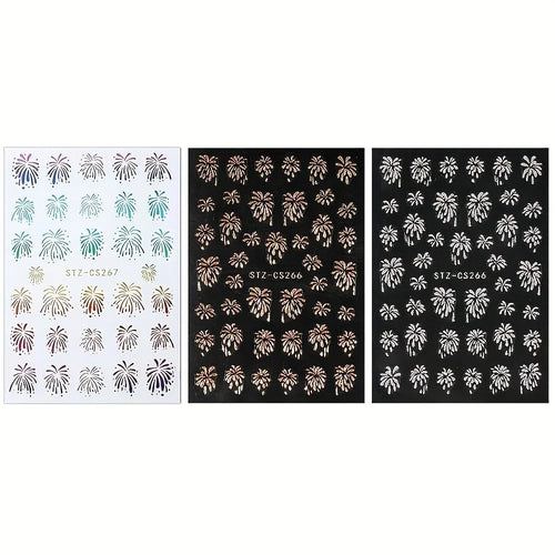 FULL BEAUTY 3 Sheets New Year Fireworks Pattern Glitter Decals Nail Art Stickers Manicure Decorations - 1