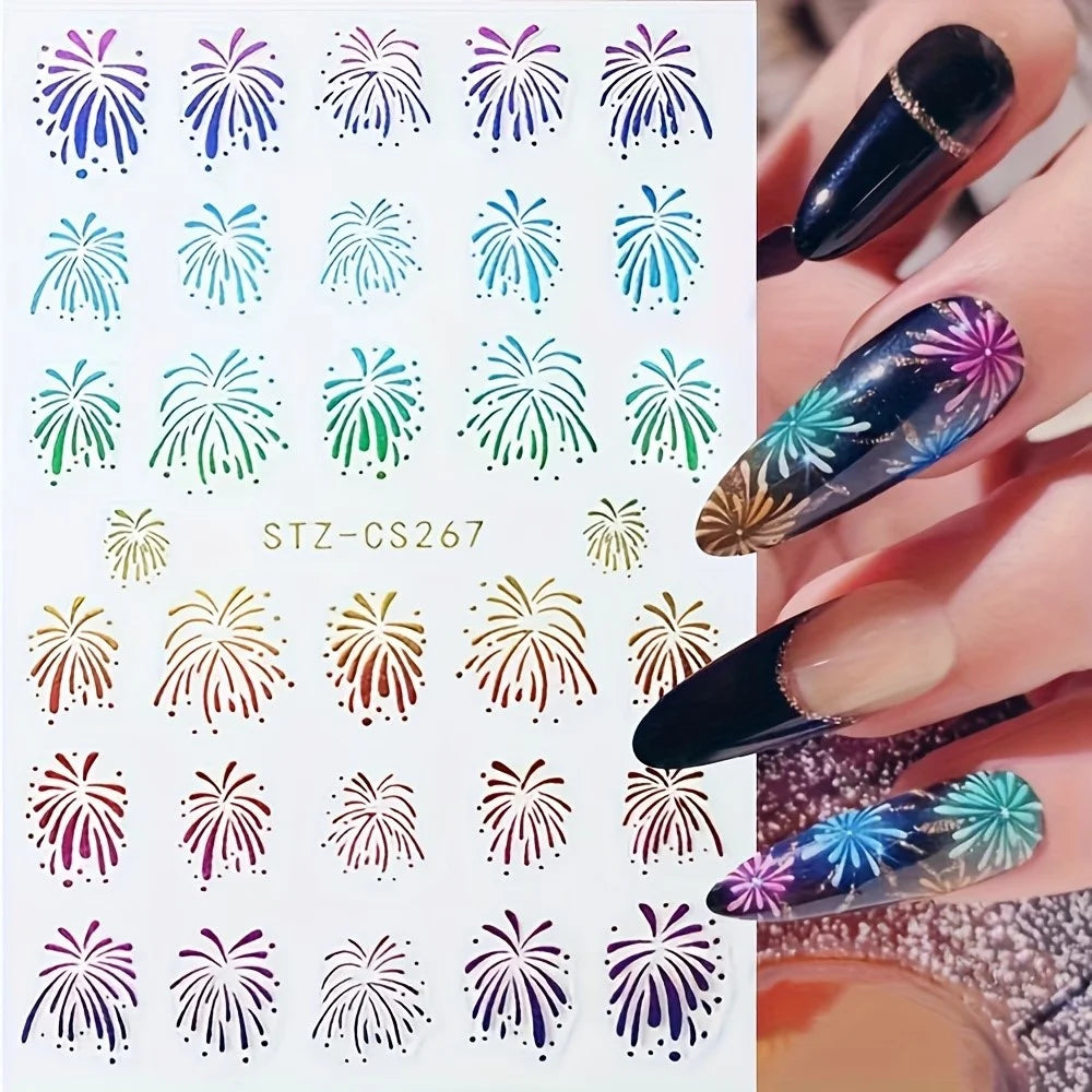 FULL BEAUTY 3 Sheets New Year Fireworks Pattern Glitter Decals Nail Art Stickers Manicure Decorations - 3