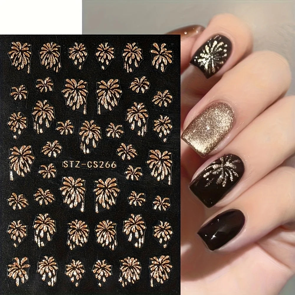 FULL BEAUTY 3 Sheets New Year Fireworks Pattern Glitter Decals Nail Art Stickers Manicure Decorations - 5