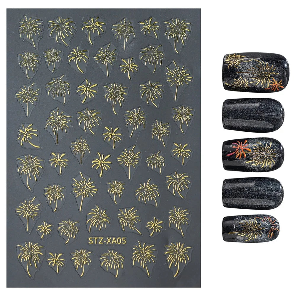 FULL BEAUTY Nail Art Stickers New Year Fireworks Pattern PVC Adhesive Manicure Decals - STZ-XA05 Gold - 1