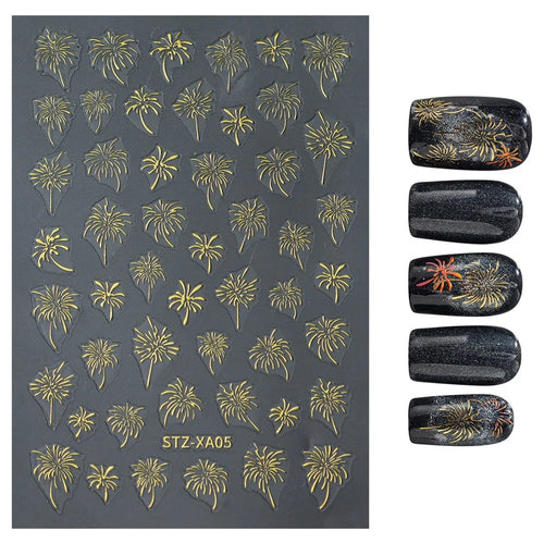 FULL BEAUTY Nail Art Stickers New Year Fireworks Pattern PVC Adhesive Manicure Decals - STZ-XA05 Gold - 1