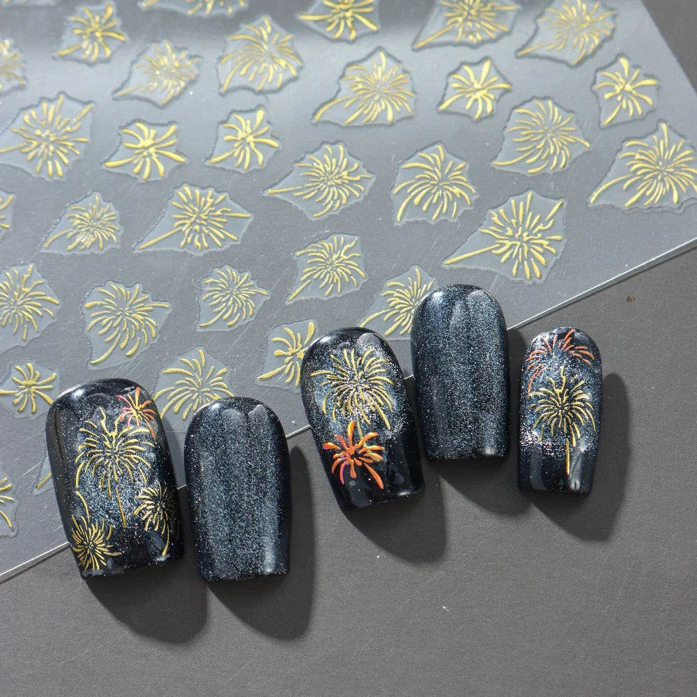 FULL BEAUTY Nail Art Stickers New Year Fireworks Pattern PVC Adhesive Manicure Decals - STZ-XA05 Gold - 4