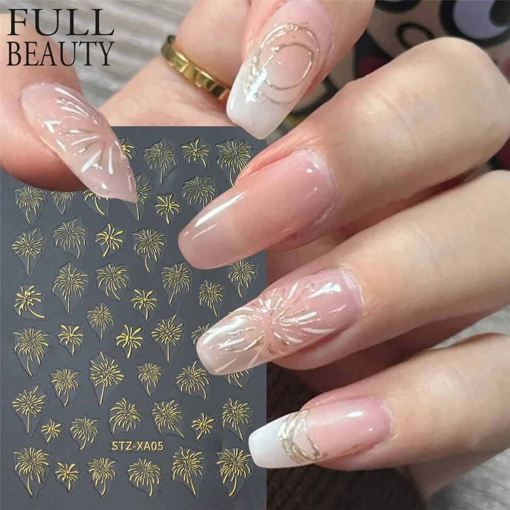 FULL BEAUTY Nail Art Stickers New Year Fireworks Pattern PVC Adhesive Manicure Decals - STZ-XA05 Gold - 6