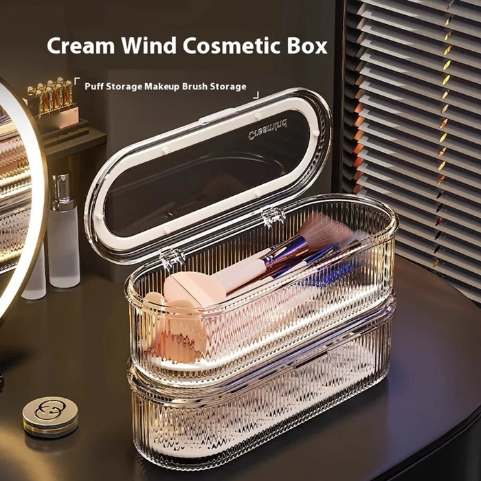 Makeup Brush Organizer Storage Box with Draining Tray  /  Dustproof Cosmetic Tool Holder for Brushes Sponges Eyebrow Pencils - 2