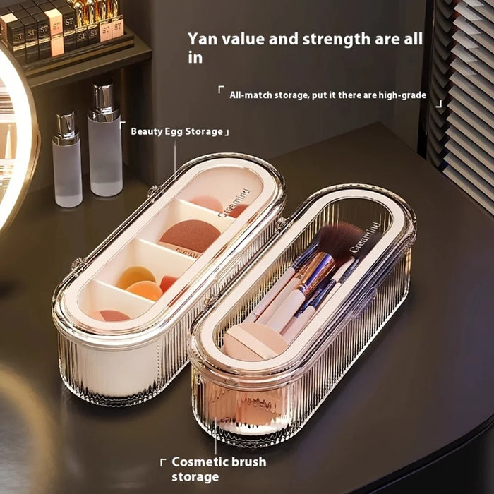 Makeup Brush Organizer Storage Box with Draining Tray  /  Dustproof Cosmetic Tool Holder for Brushes Sponges Eyebrow Pencils - 4