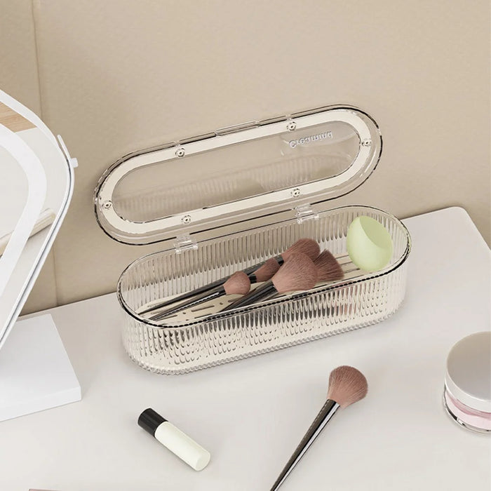 Makeup Brush Organizer Storage Box with Draining Tray  /  Dustproof Cosmetic Tool Holder for Brushes Sponges Eyebrow Pencils - 7
