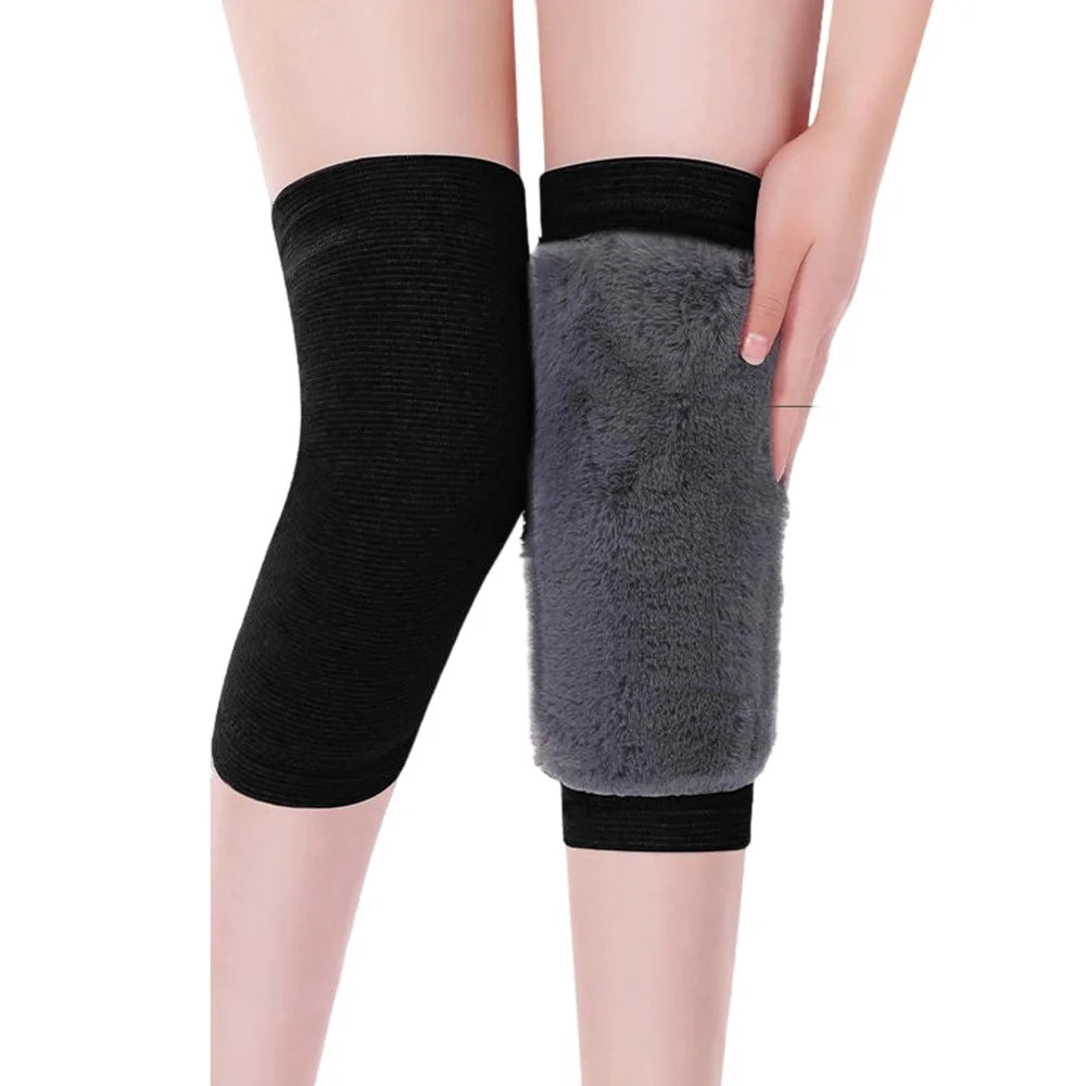 1Pair Sports Winter Knee Warmers Faux Rabbit Fur Thickened Heat Retention Leg Protectors for Outdoor Activities - Black / S - 1