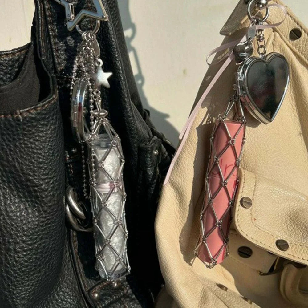 Mesh Lipstick Holder Bag Charm Keychain Pendant Cosmetic Organizer for Purse / Keys Decoration - Star / Heart - 6
