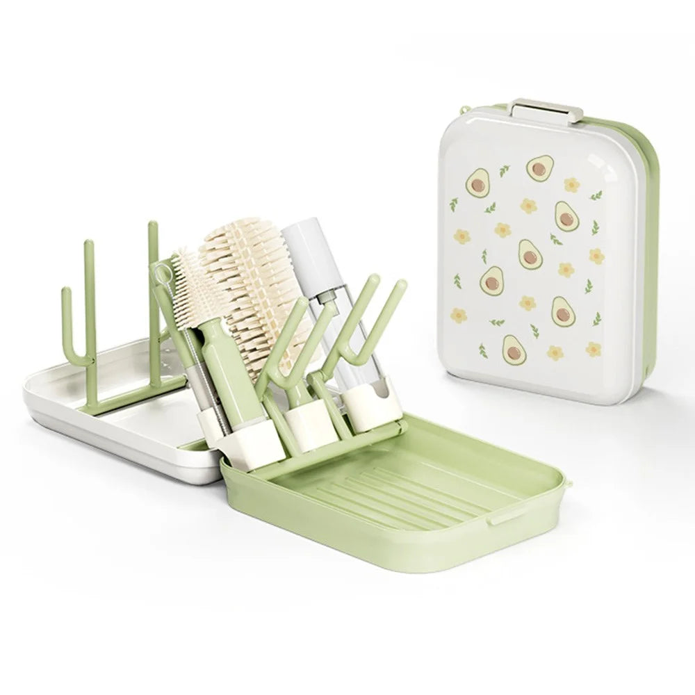 Portable Travel Bottle Cleaning Brush Set Baby Bottle Brush with Magnetic Handle and Draining Rack - Avocado Green - 1