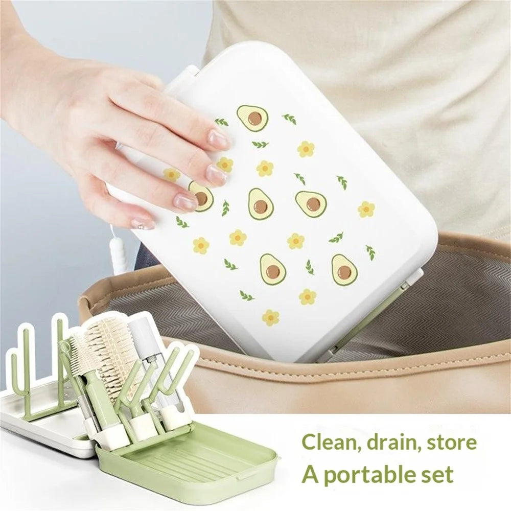 Portable Travel Bottle Cleaning Brush Set Baby Bottle Brush with Magnetic Handle and Draining Rack - Avocado Green - 2