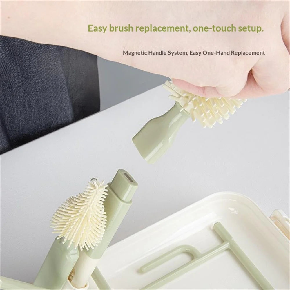 Portable Travel Bottle Cleaning Brush Set Baby Bottle Brush with Magnetic Handle and Draining Rack - Avocado Green - 3
