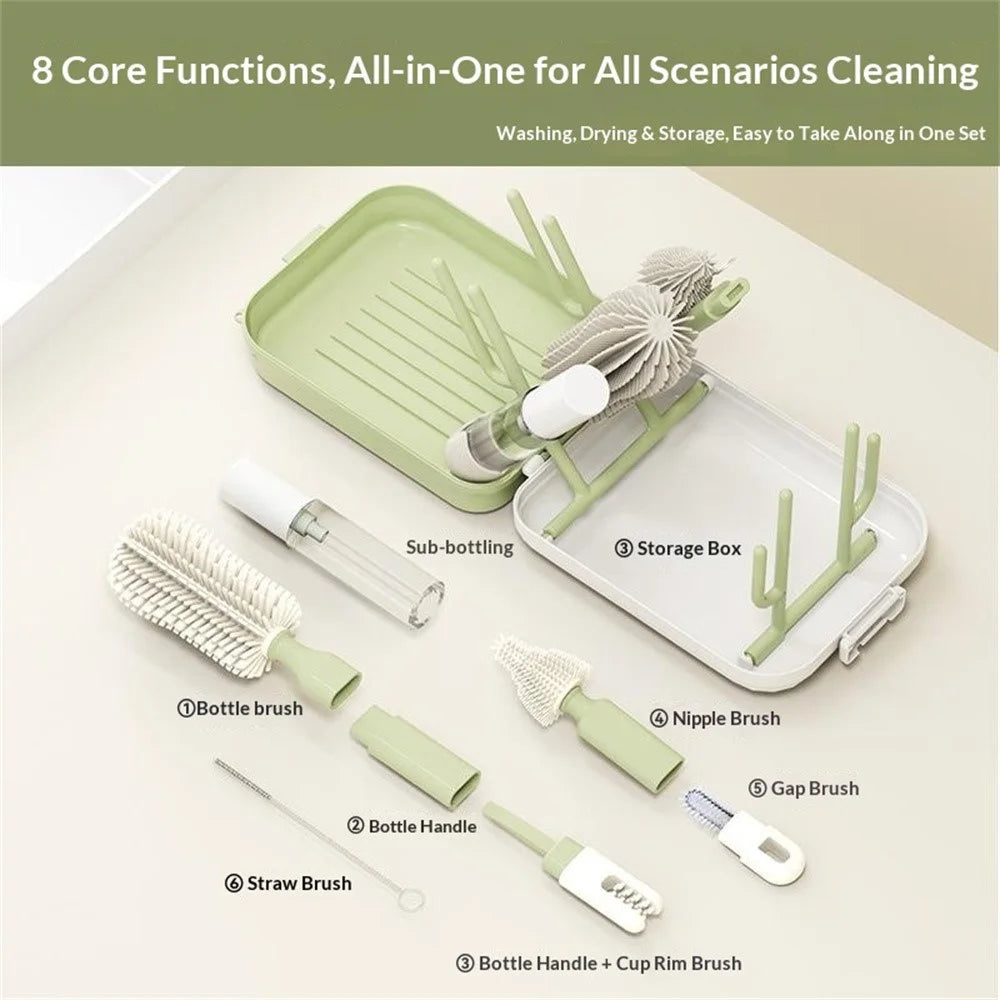 Portable Travel Bottle Cleaning Brush Set Baby Bottle Brush with Magnetic Handle and Draining Rack - Avocado Green - 5