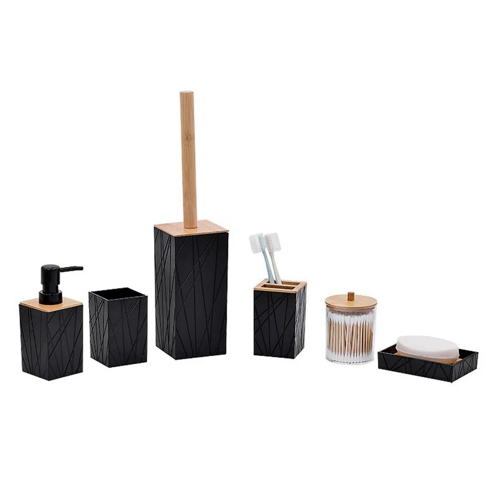 ZT229 6Pcs Bamboo Acrylic Bathroom Toilet Set with Lotion Bottle Mouthwash Cup Toothbrush Holder Soap Dish Toilet Brush Cotton Swab Container - Black - 1