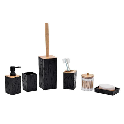 ZT229 6Pcs Bamboo Acrylic Bathroom Toilet Set with Lotion Bottle Mouthwash Cup Toothbrush Holder Soap Dish Toilet Brush Cotton Swab Container - Black - 1