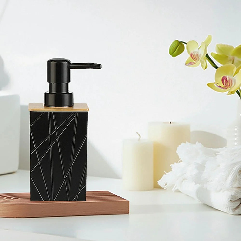 ZT229 6Pcs Bamboo Acrylic Bathroom Toilet Set with Lotion Bottle Mouthwash Cup Toothbrush Holder Soap Dish Toilet Brush Cotton Swab Container - Black - 3