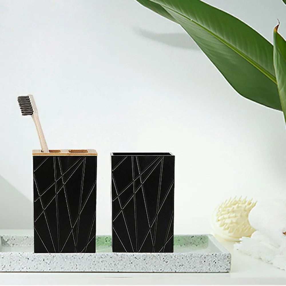 ZT229 6Pcs Bamboo Acrylic Bathroom Toilet Set with Lotion Bottle Mouthwash Cup Toothbrush Holder Soap Dish Toilet Brush Cotton Swab Container - Black - 4