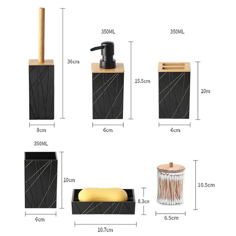 ZT229 6Pcs Bamboo Acrylic Bathroom Toilet Set with Lotion Bottle Mouthwash Cup Toothbrush Holder Soap Dish Toilet Brush Cotton Swab Container - Black - 6