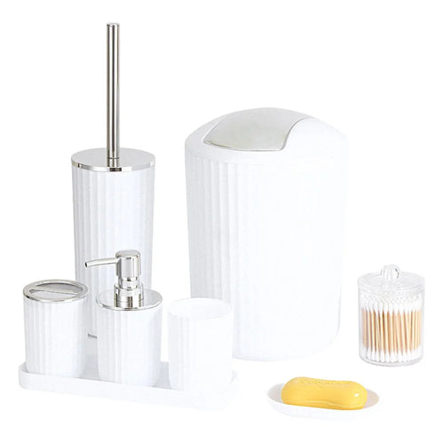 T226-8 8Pcs Electroplated Toiletry Kit with Trash Can Toilet Brush Lotion Bottle Mouthwash Cup Toothbrush Holder Soap Dish Cotton Swab Container Storage Tray - White - 1