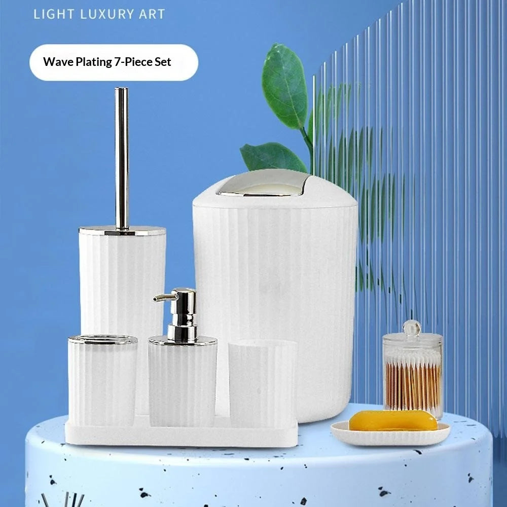 T226-8 8Pcs Electroplated Toiletry Kit with Trash Can Toilet Brush Lotion Bottle Mouthwash Cup Toothbrush Holder Soap Dish Cotton Swab Container Storage Tray - White - 2