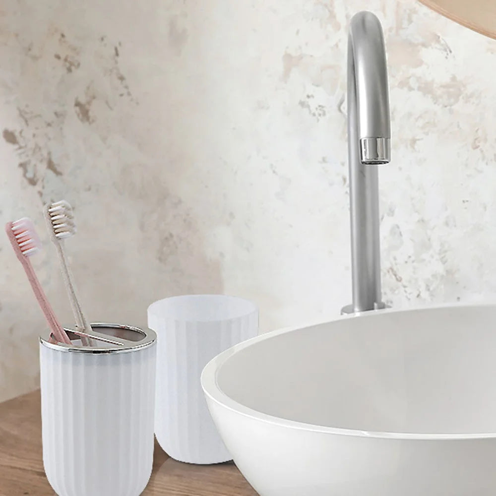 T226-8 8Pcs Electroplated Toiletry Kit with Trash Can Toilet Brush Lotion Bottle Mouthwash Cup Toothbrush Holder Soap Dish Cotton Swab Container Storage Tray - White - 7