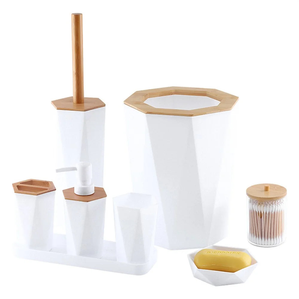 T227 Bamboo PP 8Pcs Bathroom Accessories Set with Trash Can Toilet Brush Lotion Bottle Mouthwash Cup Toothbrush Holder Soap Dish Cotton Swab Container Storage Tray - White - 1