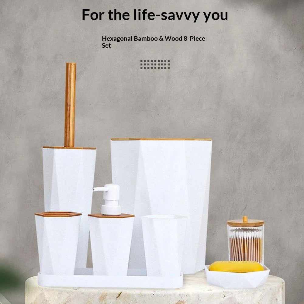 T227 Bamboo PP 8Pcs Bathroom Accessories Set with Trash Can Toilet Brush Lotion Bottle Mouthwash Cup Toothbrush Holder Soap Dish Cotton Swab Container Storage Tray - White - 2