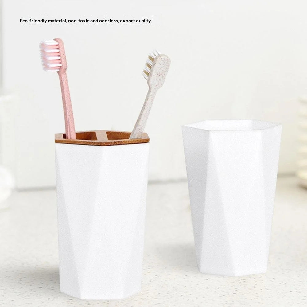 T227 Bamboo PP 8Pcs Bathroom Accessories Set with Trash Can Toilet Brush Lotion Bottle Mouthwash Cup Toothbrush Holder Soap Dish Cotton Swab Container Storage Tray - White - 7