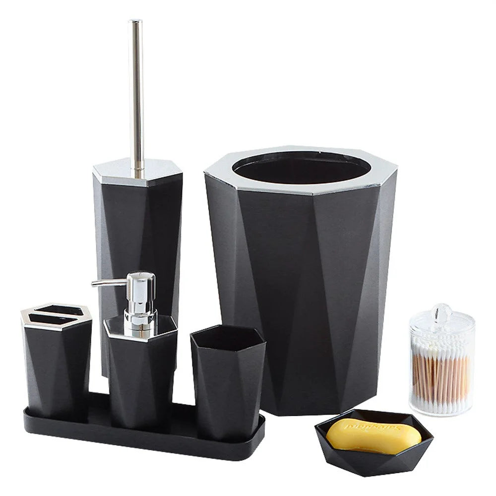 T228 Electroplating Bathroom Toiletry Kit with Trash Can Toilet Brush Lotion Bottle Mouthwash Cup Toothbrush Holder Soap Dish Cotton Swab Container Storage Tray - Black - 1
