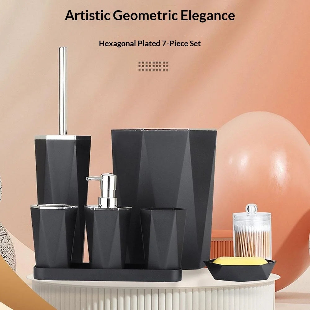 T228 Electroplating Bathroom Toiletry Kit with Trash Can Toilet Brush Lotion Bottle Mouthwash Cup Toothbrush Holder Soap Dish Cotton Swab Container Storage Tray - Black - 2