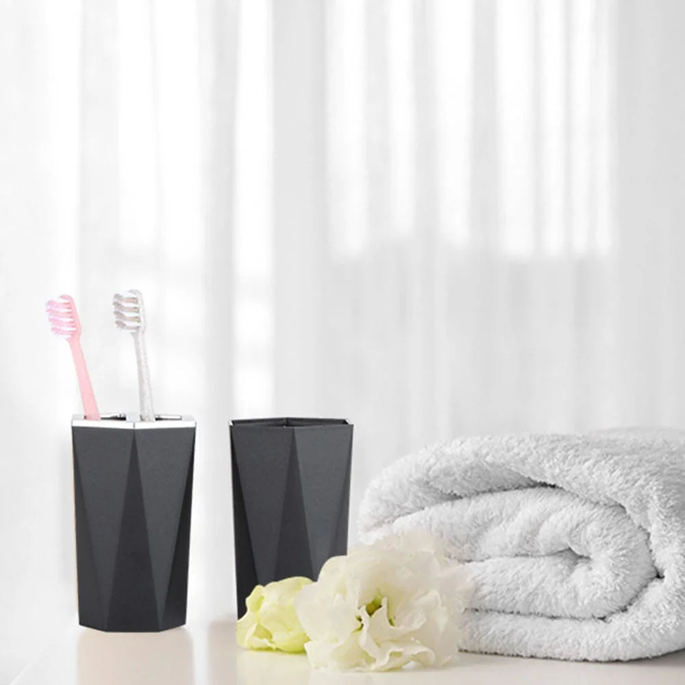 T228 Electroplating Bathroom Toiletry Kit with Trash Can Toilet Brush Lotion Bottle Mouthwash Cup Toothbrush Holder Soap Dish Cotton Swab Container Storage Tray - Black - 6