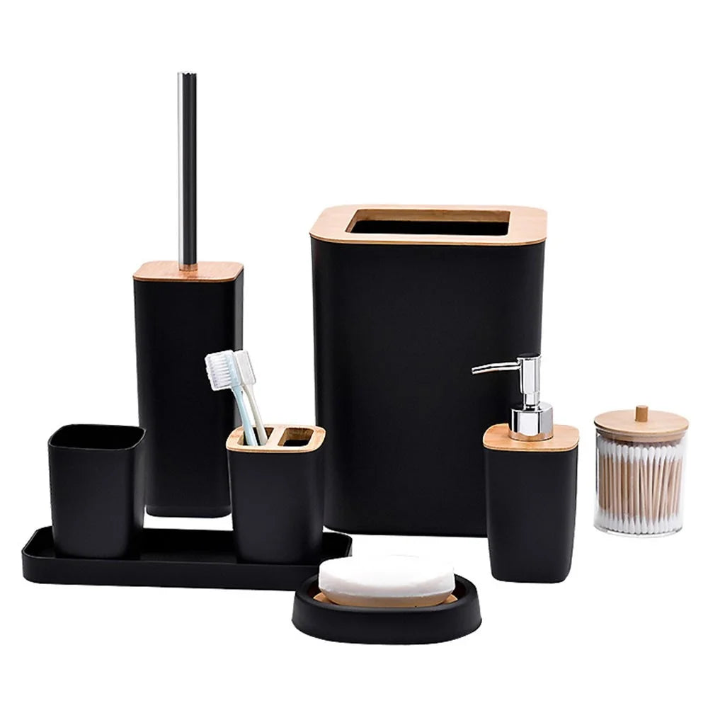 ZT238-8 8Pcs Luxury Bamboo PP Bathroom Accessories Set with Trash Can Toilet Brush Lotion Bottle Mouthwash Cup Toothbrush Holder Soap Dish Cotton Swab Container Storage Tray - Black - 1