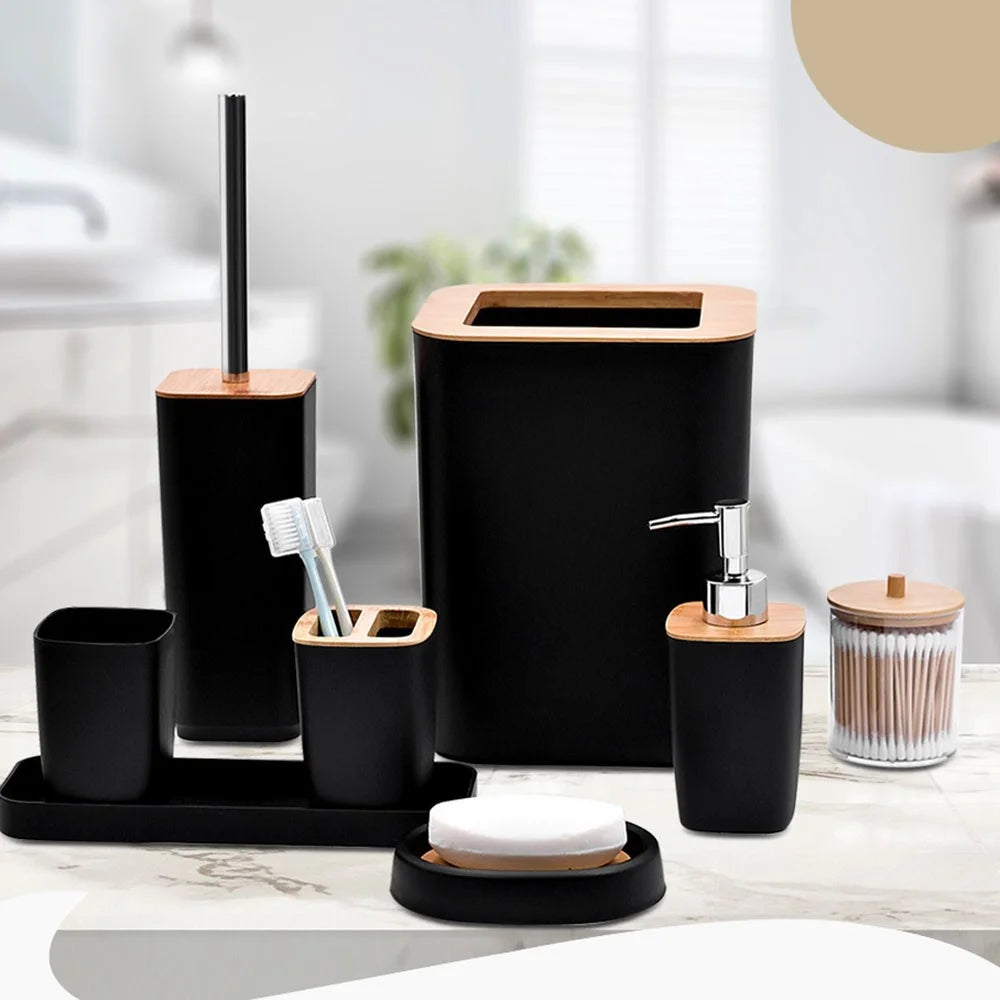 ZT238-8 8Pcs Luxury Bamboo PP Bathroom Accessories Set with Trash Can Toilet Brush Lotion Bottle Mouthwash Cup Toothbrush Holder Soap Dish Cotton Swab Container Storage Tray - Black - 2