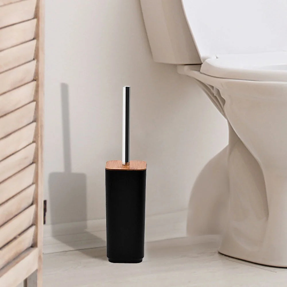 ZT238-8 8Pcs Luxury Bamboo PP Bathroom Accessories Set with Trash Can Toilet Brush Lotion Bottle Mouthwash Cup Toothbrush Holder Soap Dish Cotton Swab Container Storage Tray - Black - 3