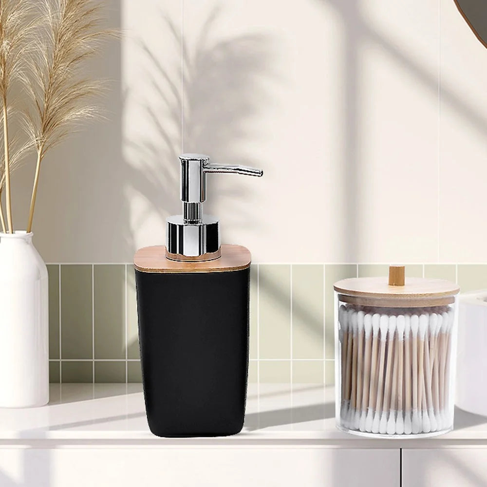 ZT238-8 8Pcs Luxury Bamboo PP Bathroom Accessories Set with Trash Can Toilet Brush Lotion Bottle Mouthwash Cup Toothbrush Holder Soap Dish Cotton Swab Container Storage Tray - Black - 4