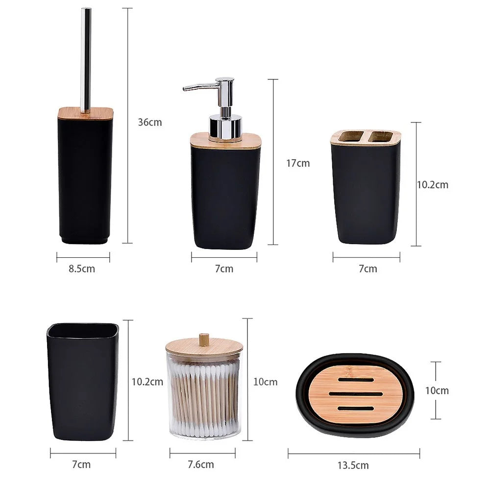 ZT238-8 8Pcs Luxury Bamboo PP Bathroom Accessories Set with Trash Can Toilet Brush Lotion Bottle Mouthwash Cup Toothbrush Holder Soap Dish Cotton Swab Container Storage Tray - Black - 7