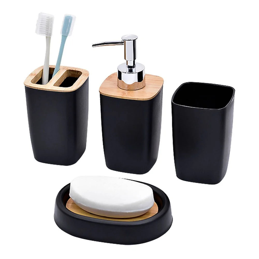 ZT230-4 4Pcs Luxury Bamboo PP Bathroom Toiletry Kit with Lotion Bottle Mouthwash Cup Toothbrush Holder Soap Dish - Black - 1