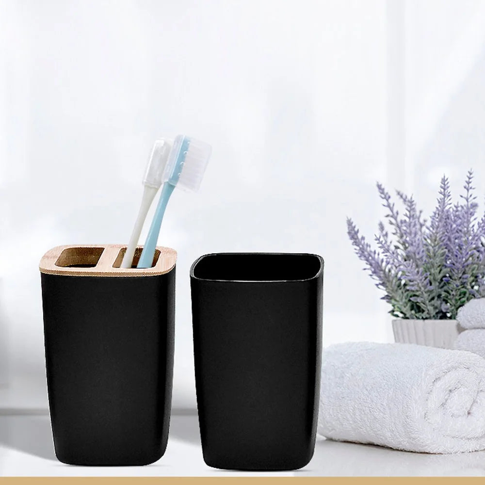 ZT230-4 4Pcs Luxury Bamboo PP Bathroom Toiletry Kit with Lotion Bottle Mouthwash Cup Toothbrush Holder Soap Dish - Black - 2