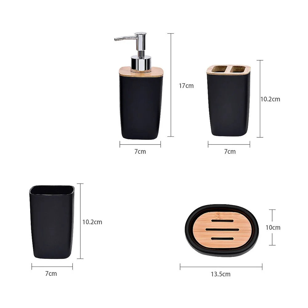 ZT230-4 4Pcs Luxury Bamboo PP Bathroom Toiletry Kit with Lotion Bottle Mouthwash Cup Toothbrush Holder Soap Dish - Black - 4