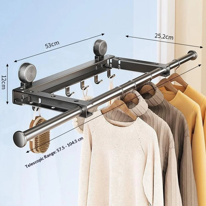 Retractable Clothes Drying Pole with 6 Hooks No-Drill Foldable Suction Cup Rack for Balcony Bathroom - Black - 1