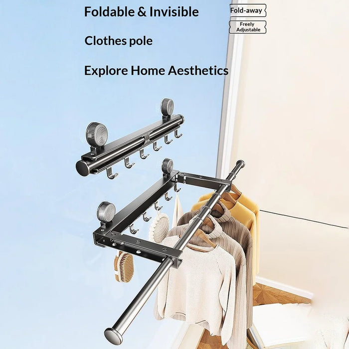 Retractable Clothes Drying Pole with 6 Hooks No-Drill Foldable Suction Cup Rack for Balcony Bathroom - Black - 3