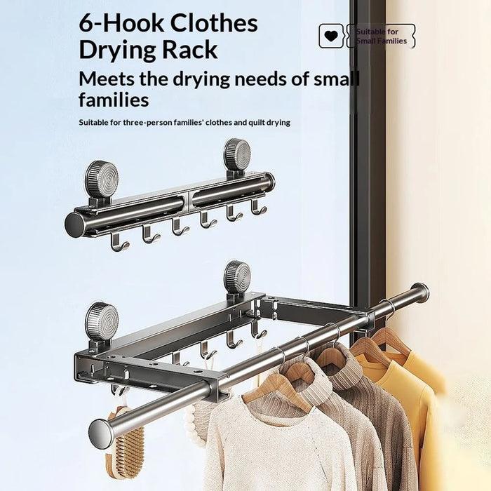 Retractable Clothes Drying Pole with 6 Hooks No-Drill Foldable Suction Cup Rack for Balcony Bathroom - Black - 5