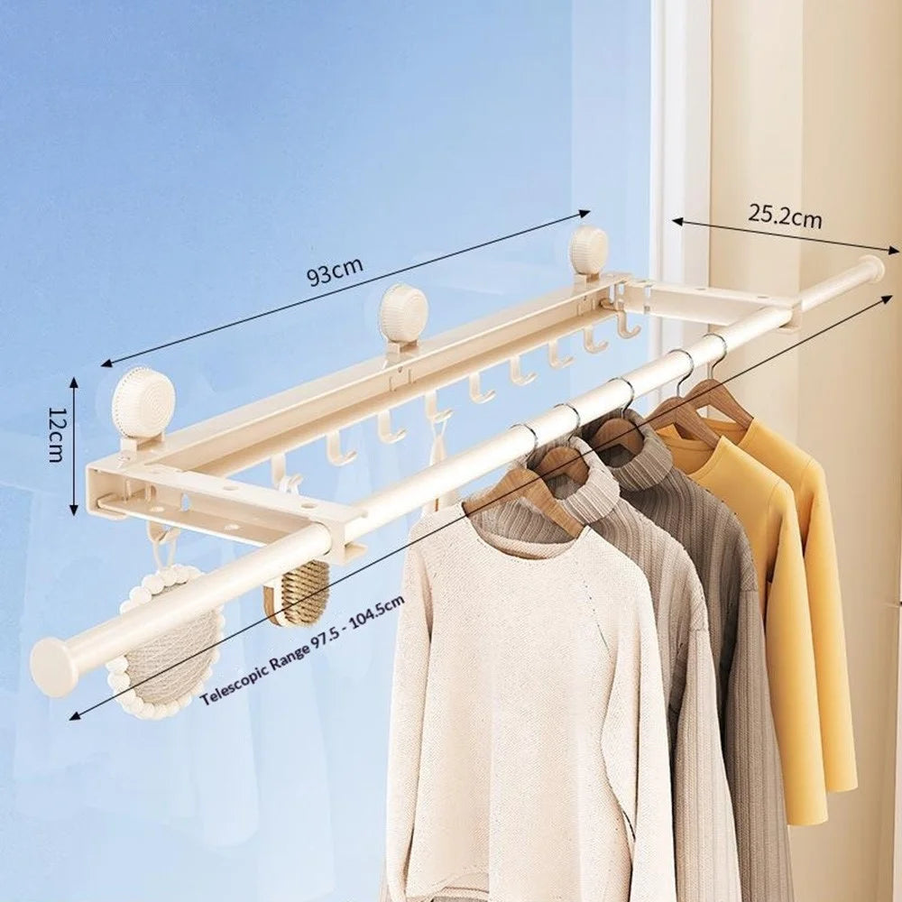 Retractable Clothes Drying Pole with 11 Hooks No-Drill Foldable Suction Cup Rack for Balcony Bathroom - White - 1