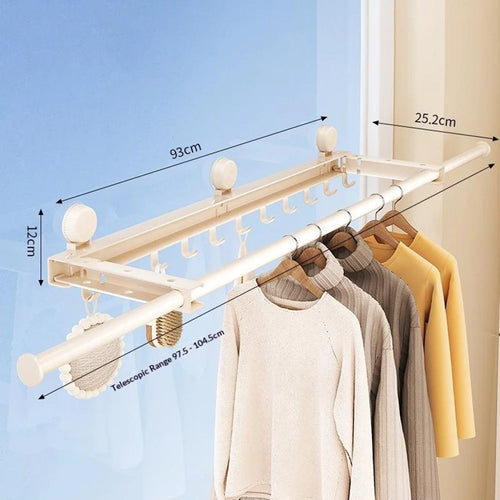 Retractable Clothes Drying Pole with 11 Hooks No-Drill Foldable Suction Cup Rack for Balcony Bathroom - White - 1