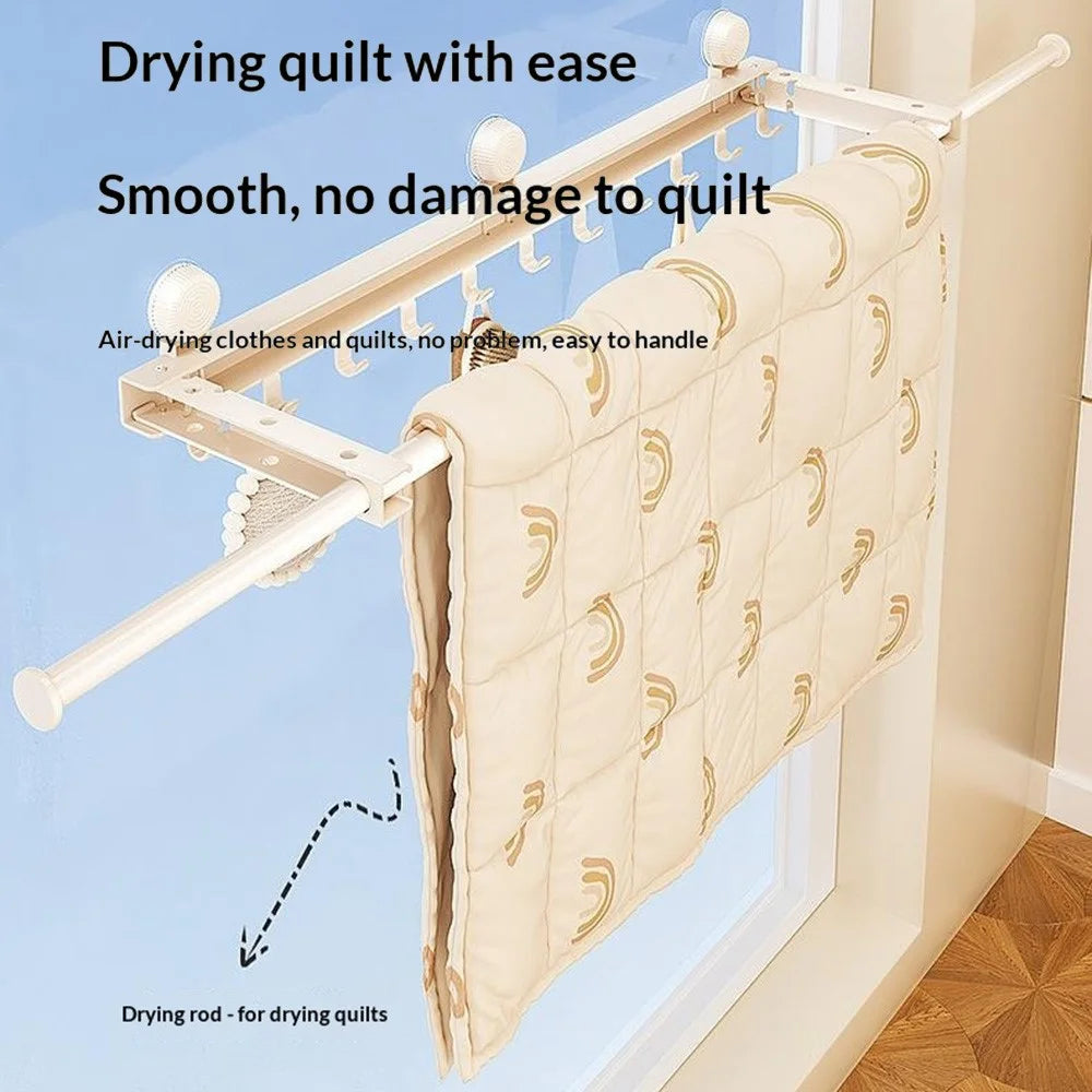 Retractable Clothes Drying Pole with 11 Hooks No-Drill Foldable Suction Cup Rack for Balcony Bathroom - White - 2