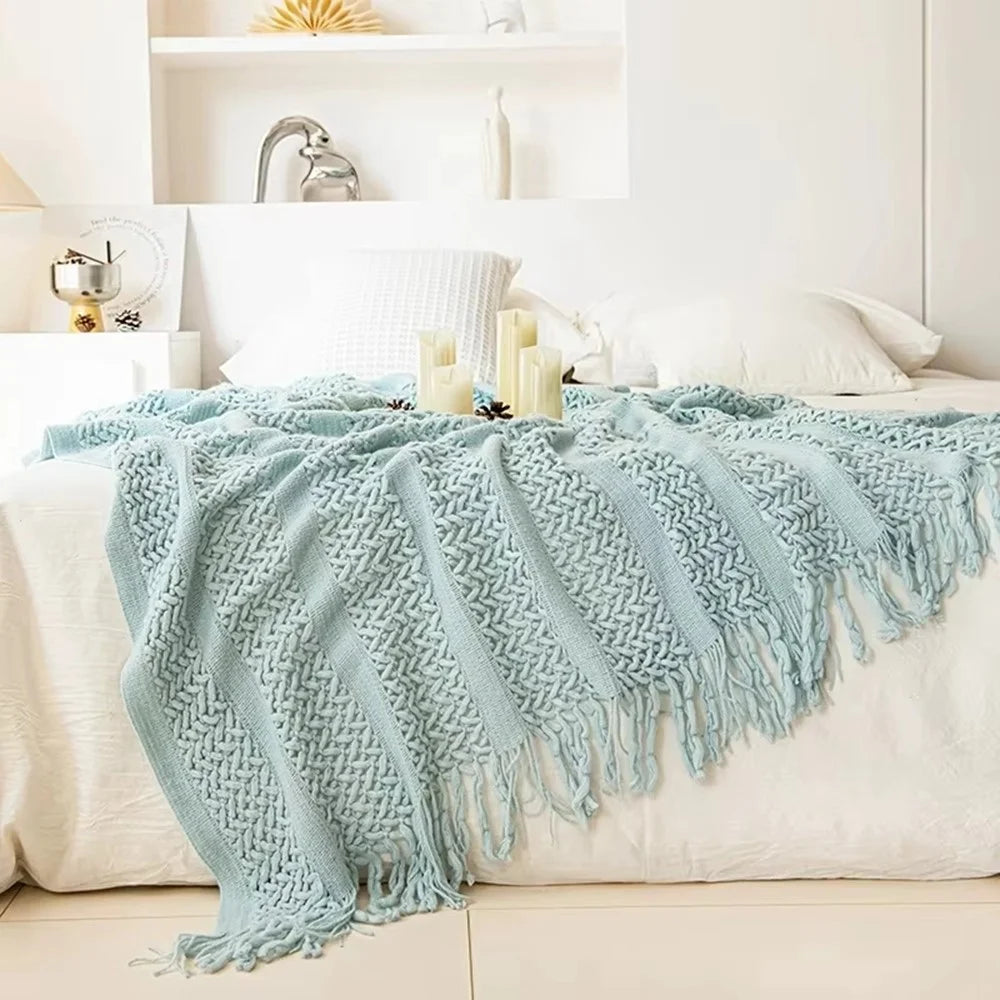 127 x 180cm European Style Knitted Blanket Solid Color Sofa Cover Nap Quilt for Couch / Bed - Lake Blue - 2