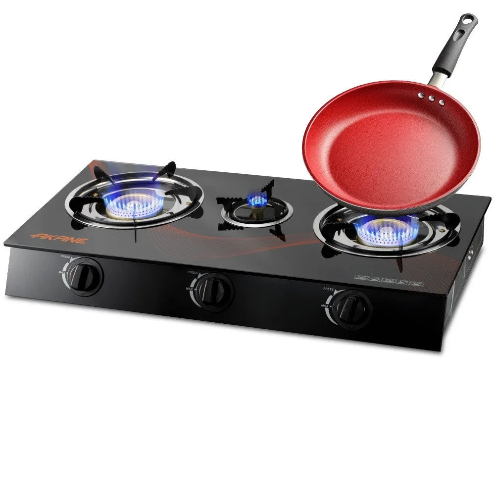 AKANE A.8052 Tempered Glass Desktop Gas Stove 3 Burners Kitchen Cooktop with Independent Adjustment Knobs - 3