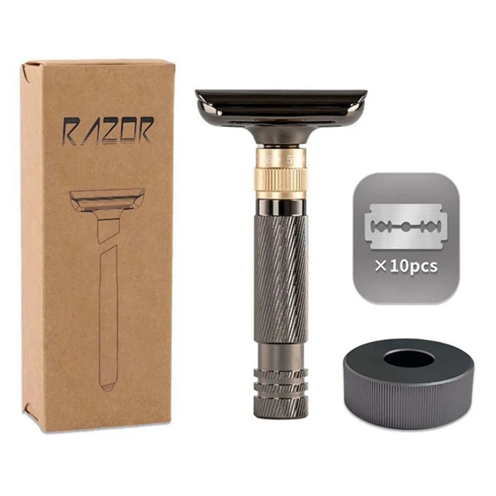 8-Speed Manual Adjustable Razor Double-Sided Safety Old-Fashioned Shaver with Base and 10 Replacement Blades - Glossy Black - 1